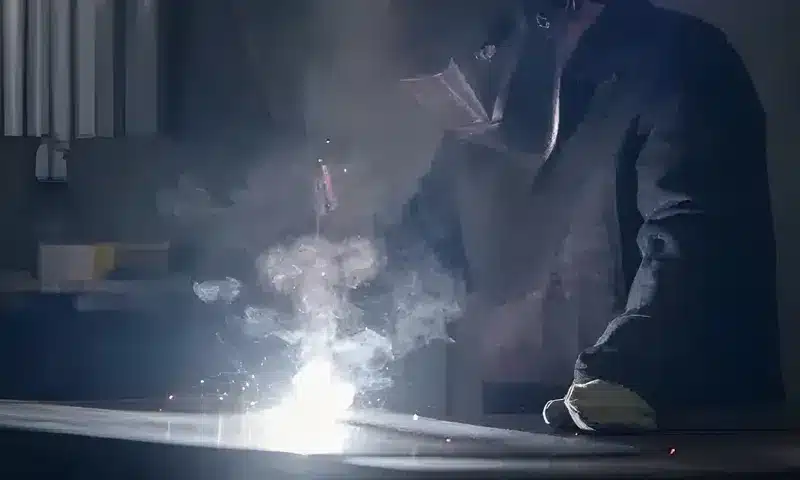 Welder with welding fumes surrounding them