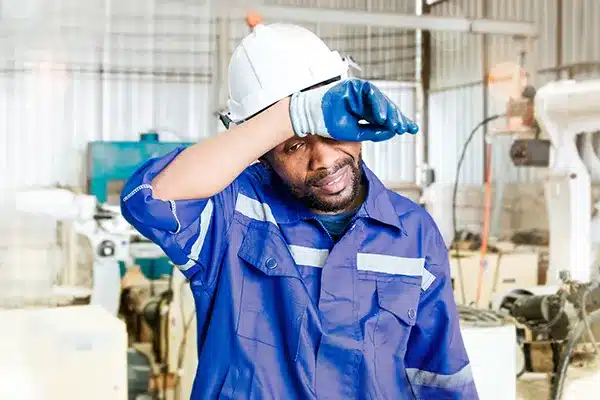 Man Feeling Ill Wearing Hardhat in Industrial Setting